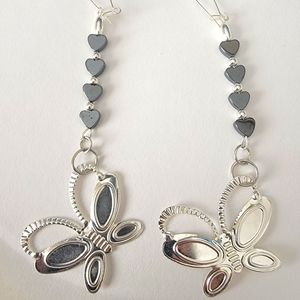 Silver Butterfly Earrings with Dark Grey Hearts